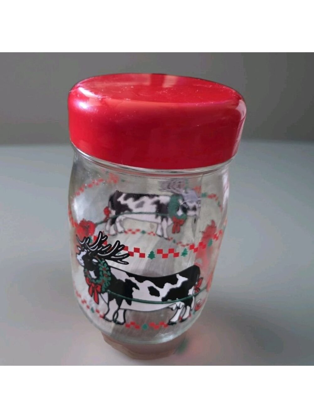 Vintage Festive Christmas Cow 4.5" Holiday Glass Jar Kitchen Storage Decor Retro